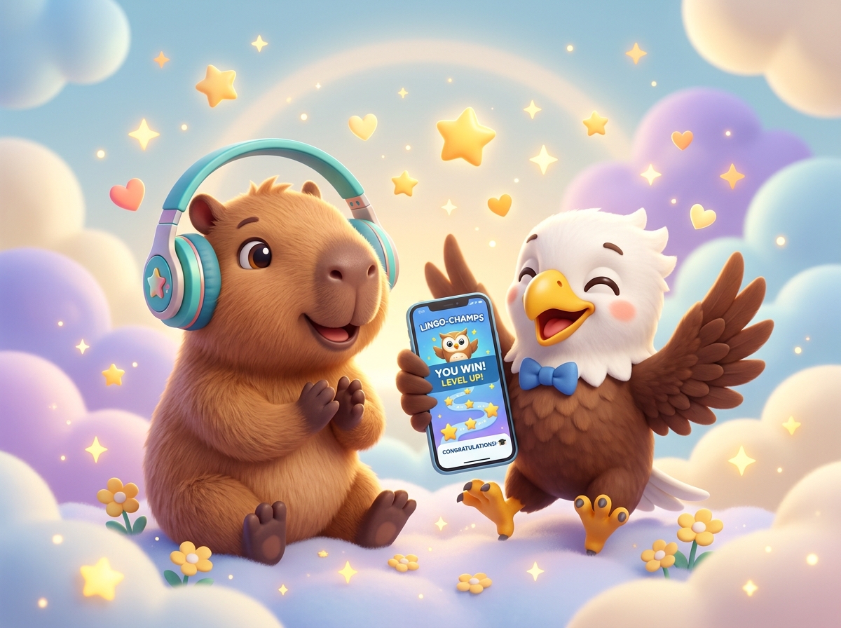 Mascotes Fluetix Capivara com Fones e Águia celebrando o app PWA